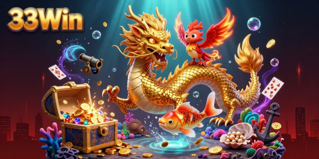 Feel the thrill of 33Win with a vibrant 3D scene featuring a dragon, phoenix, and koi fish amidst glowing treasures.