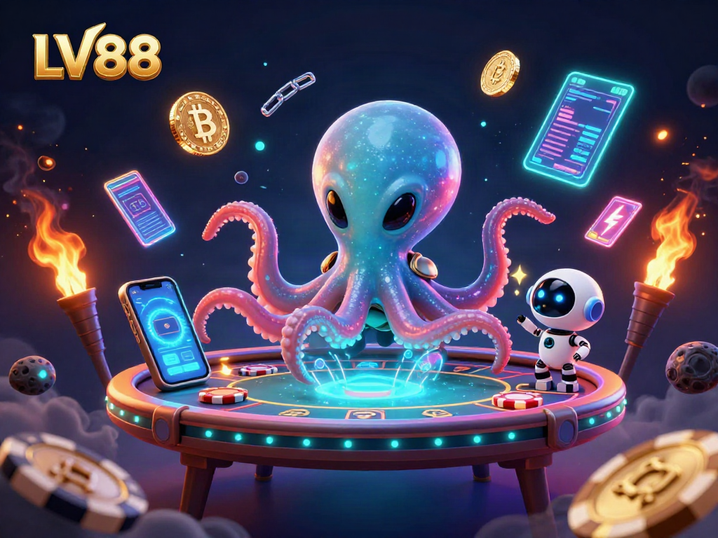 Engage in thrilling poker with LV88's playful alien octopus and robot amid digital gaming chaos.