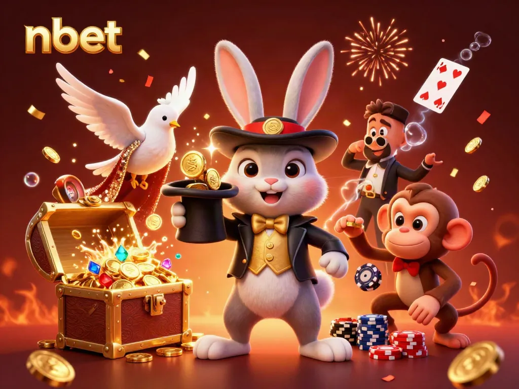 Experience nbet's thrilling casino magic with a 3D magician rabbit, dove, and monkey amidst coins and cards.