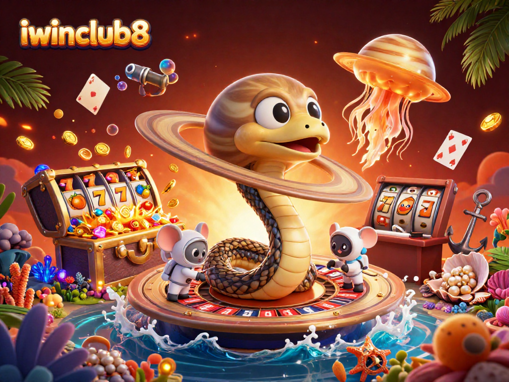Experience the vibrant world of iwinclub8, where cartoon characters navigate a cosmic casino scene.