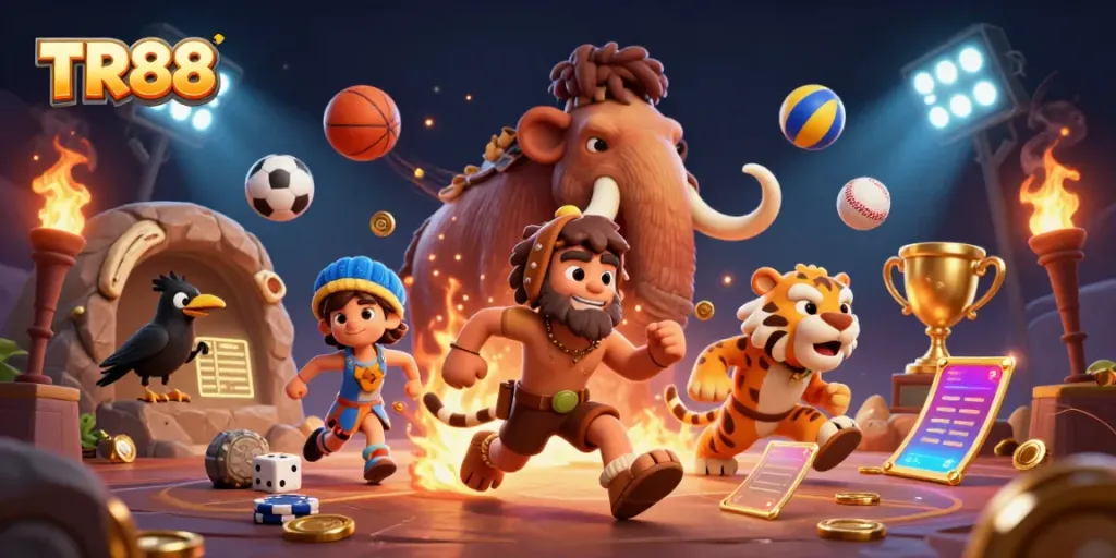 TR88 features a dynamic prehistoric casino scene with a caveman, sabertooth tiger, and clever crow amidst an array of vibrant sports elements.