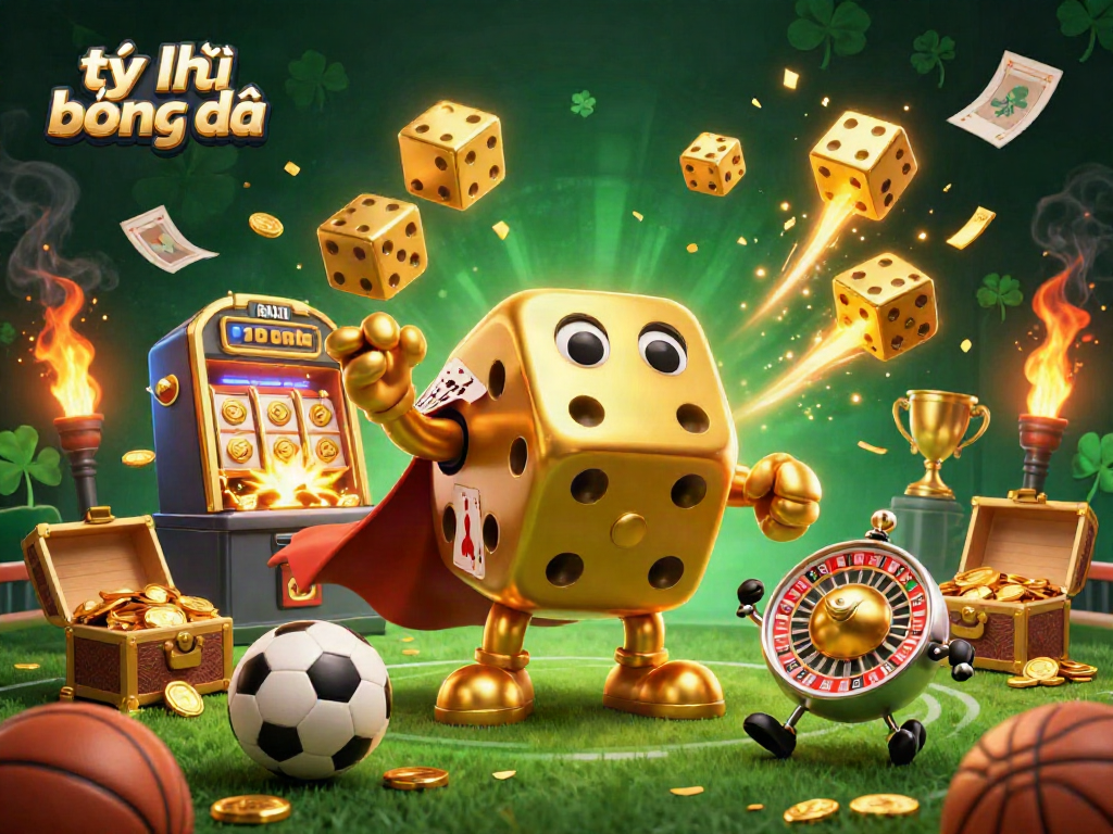 Experience thrilling sports betting with the vibrant and dynamic tỷ lệ bóng đá scene featuring golden dice and sports elements.