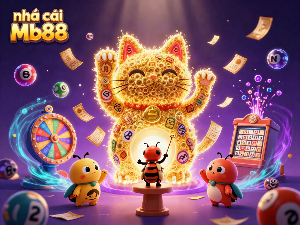 Experience the vibrant energy of nhà cái Mb88 with a dynamic lucky cat and casino elements.