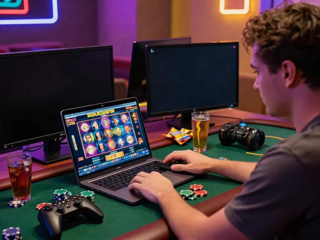Person enjoying non GamStop slots on a laptop in a colorful gaming room.