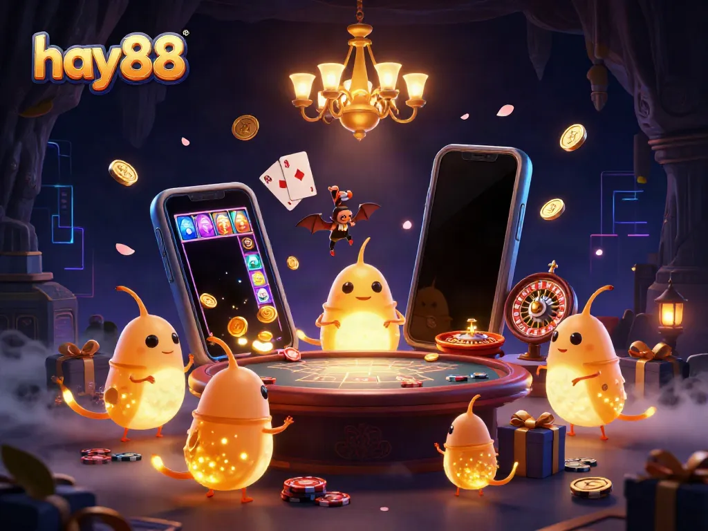Experience the fun at hay88 with glowworms and a bat dealer lighting up a casino scene.