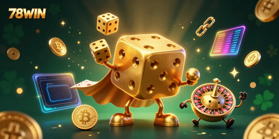 Engage with 78WIN's vibrant casino world through a lively dice golem and crypto elements.