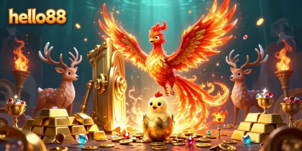 Engage in thrilling games at hello88, featuring vibrant casino elements with a majestic phoenix and mystical stag.
