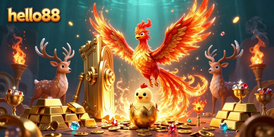Engage in thrilling games at hello88, featuring vibrant casino elements with a majestic phoenix and mystical stag.