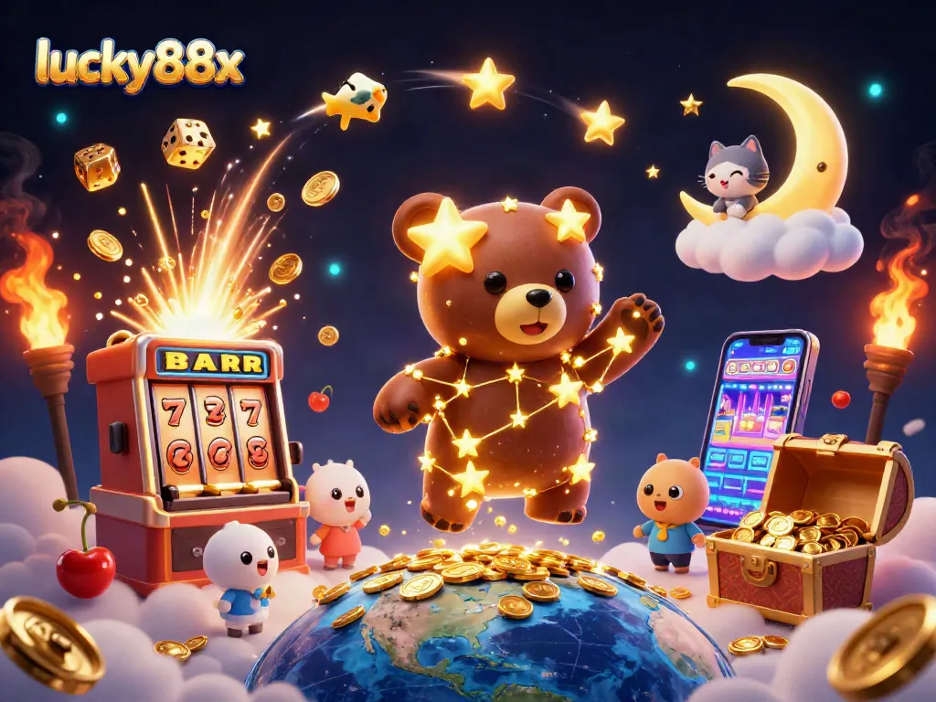 Experience the vibrant intensity of lucky88x with a constellation bear and slot machine bursting with coins.