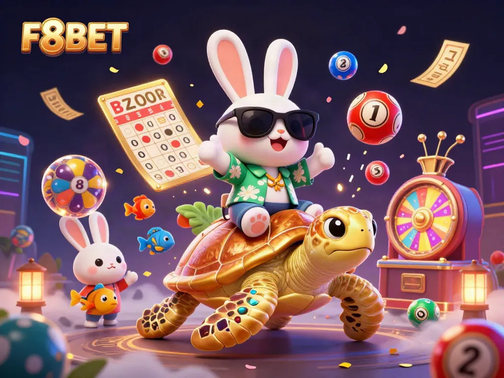 Engage with F8BET's dynamic casino experience featuring lucky rabbit on a golden turtle surrounded by exciting game elements.