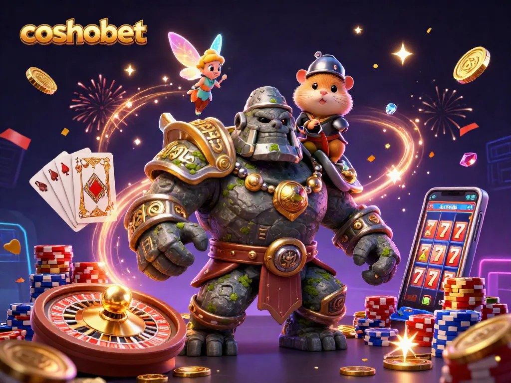 Spin to win at Cosmobet with vibrant casino scenes featuring the golem, fairy, and hamster knight.