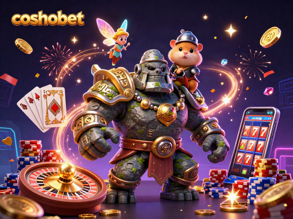 Spin to win at Cosmobet with vibrant casino scenes featuring the golem, fairy, and hamster knight.
