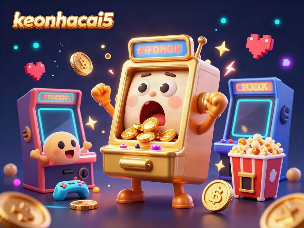 Experience the excitement of keonhacai5 with a cheerful slot machine hitting a jackpot, surrounded by vibrant gaming elements.