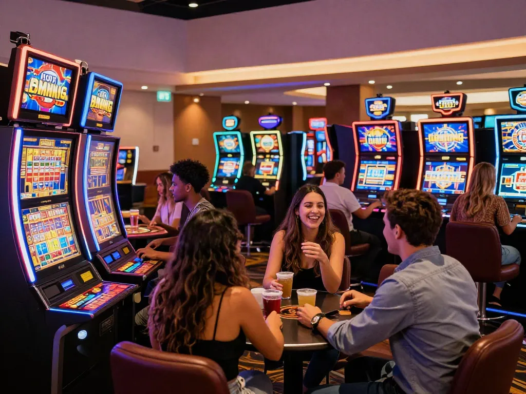 Friends enjoying non gamstop slots in a vibrant casino atmosphere, colorful lights and joyful expressions.