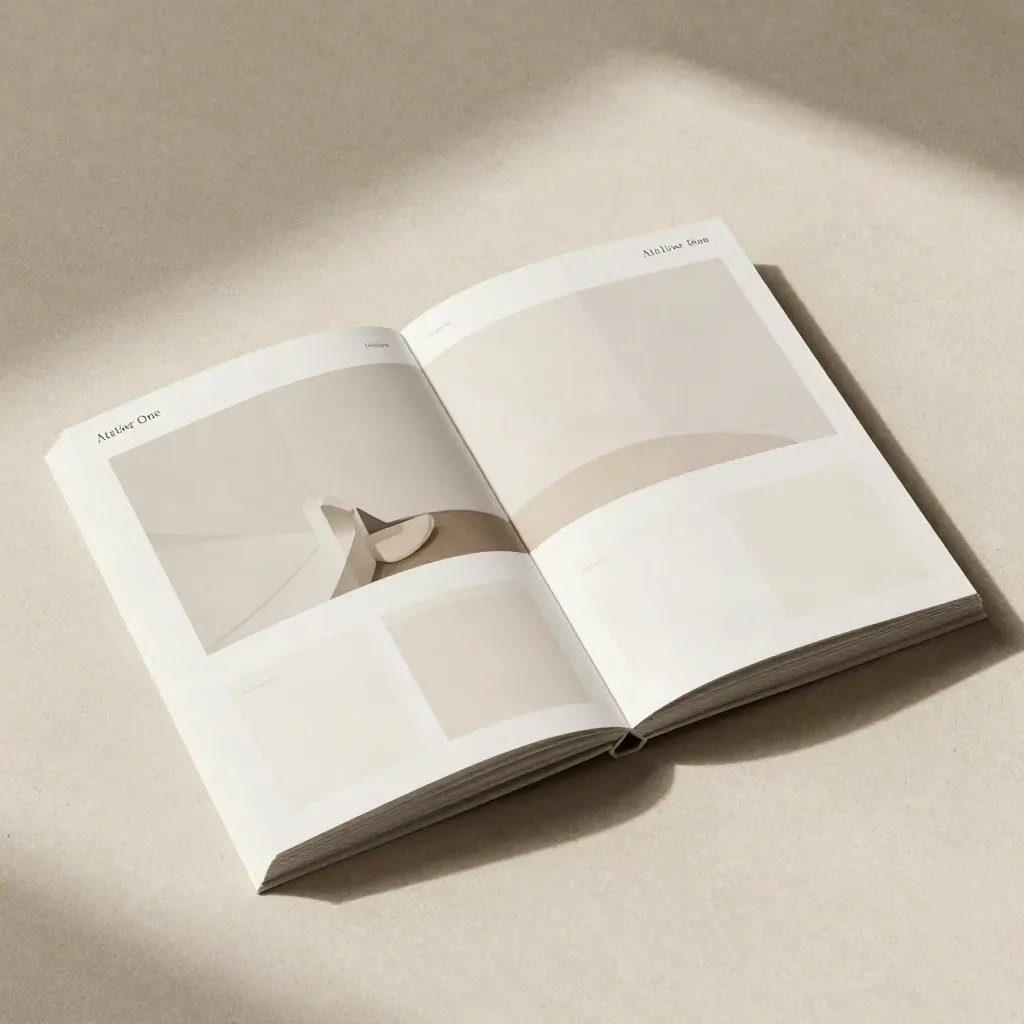 Overhead paper website prototype with translucent overlay on warm beige plaster.