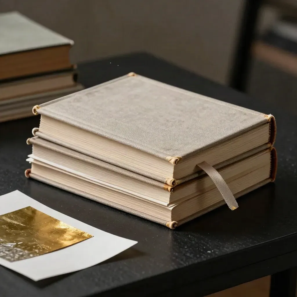 Half-open clothbound brand guide book with tabs, ribbon marker and gold accents on matte black.