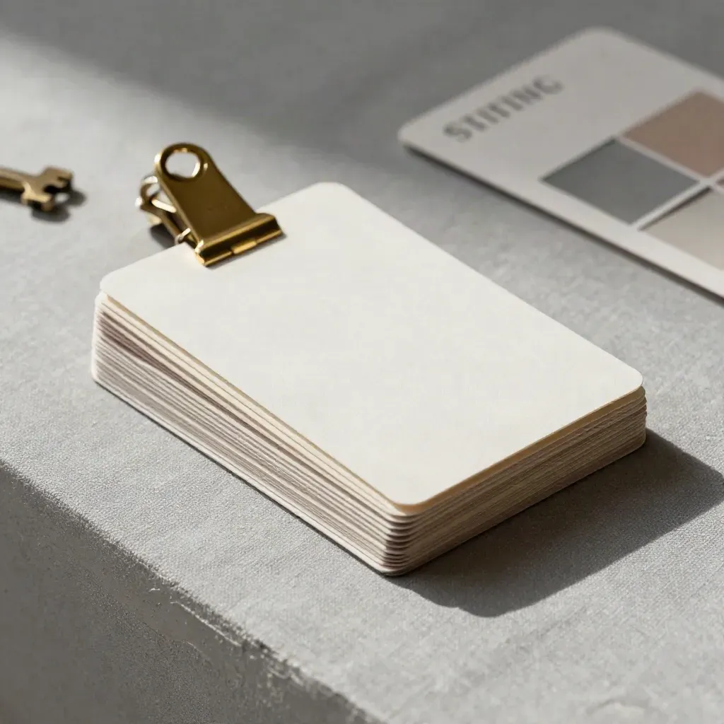 Fanned blank identity cards, paper swatches and a brass clip on ash-grey linen.