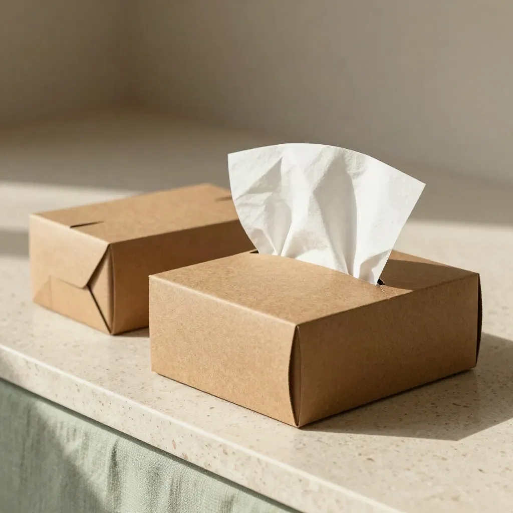 Two kraft packaging mockup boxes with blank bands and tissue on travertine.