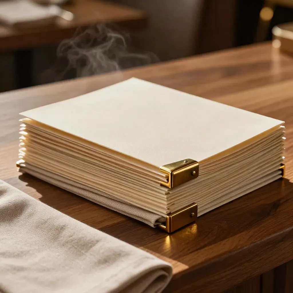 Cream hospitality menus with brass corners and a linen fold on a walnut host counter, steam glow behind