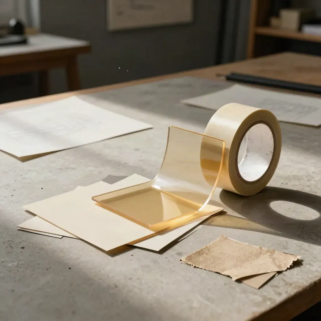Art-direction cards, acetate blocks and tape curl across a moody studio floor in gold rim light.