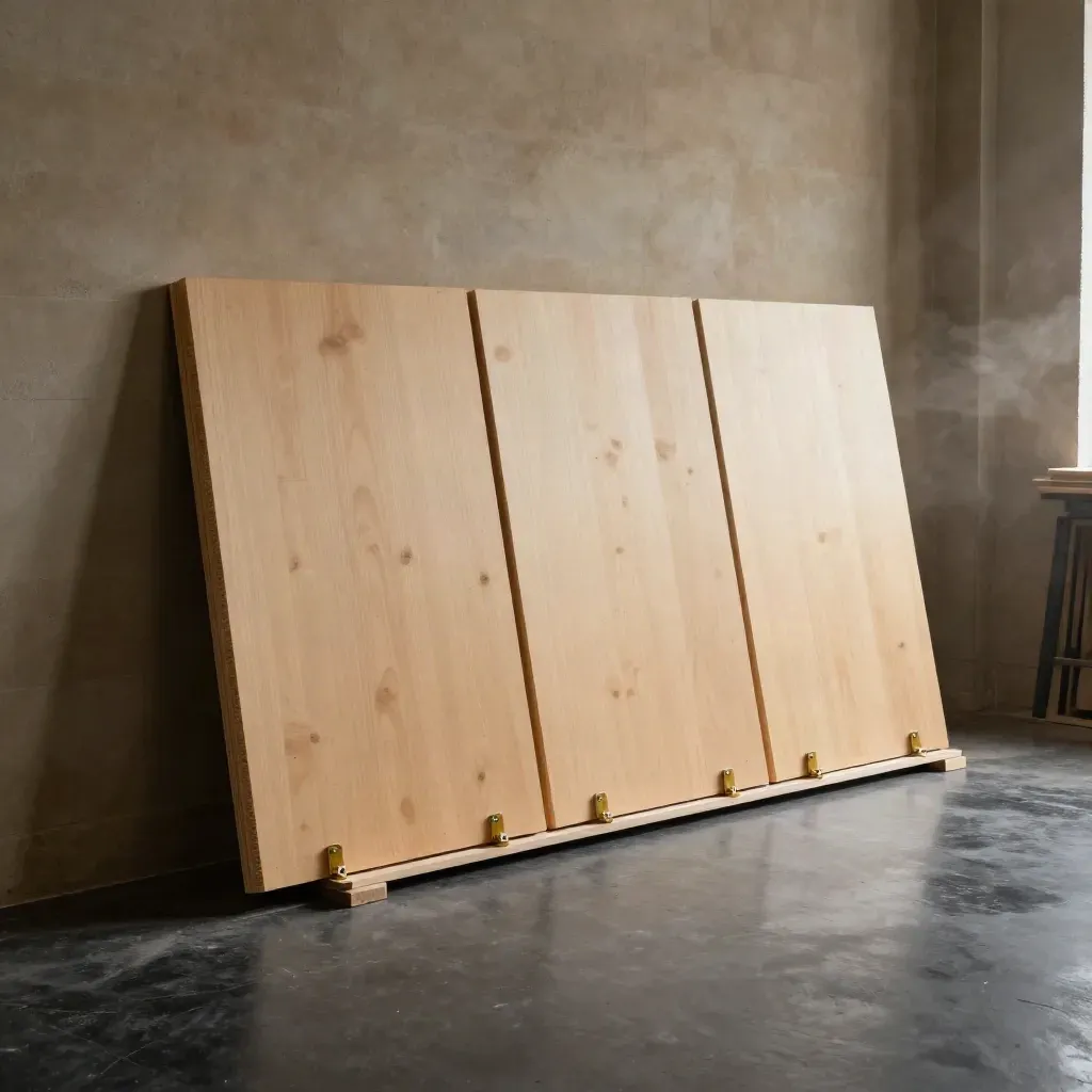 Floor-level dramatic shot of blank shop sign panels, timber offcuts and gold brackets on a dark workshop floor.