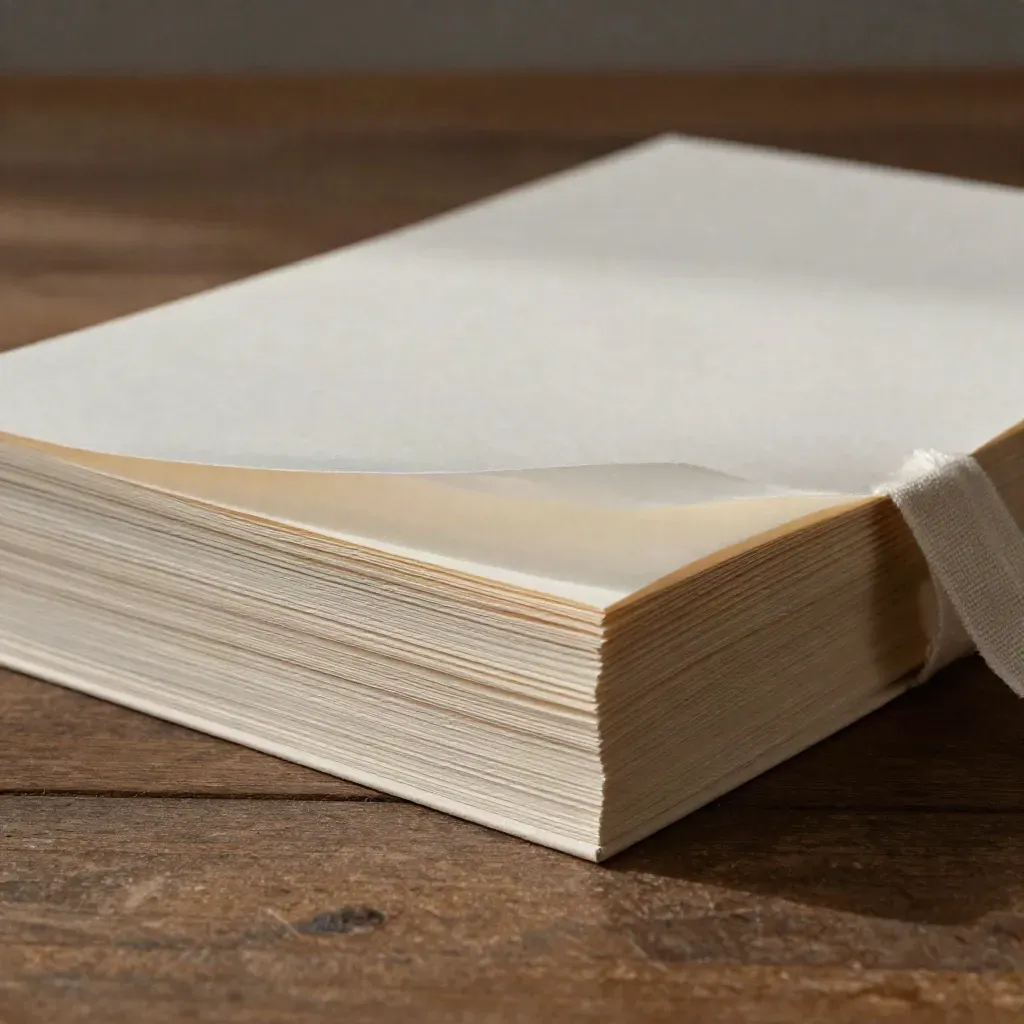 Ivory lookbook paper stack with vellum cover and linen ribbon in dramatic close-up