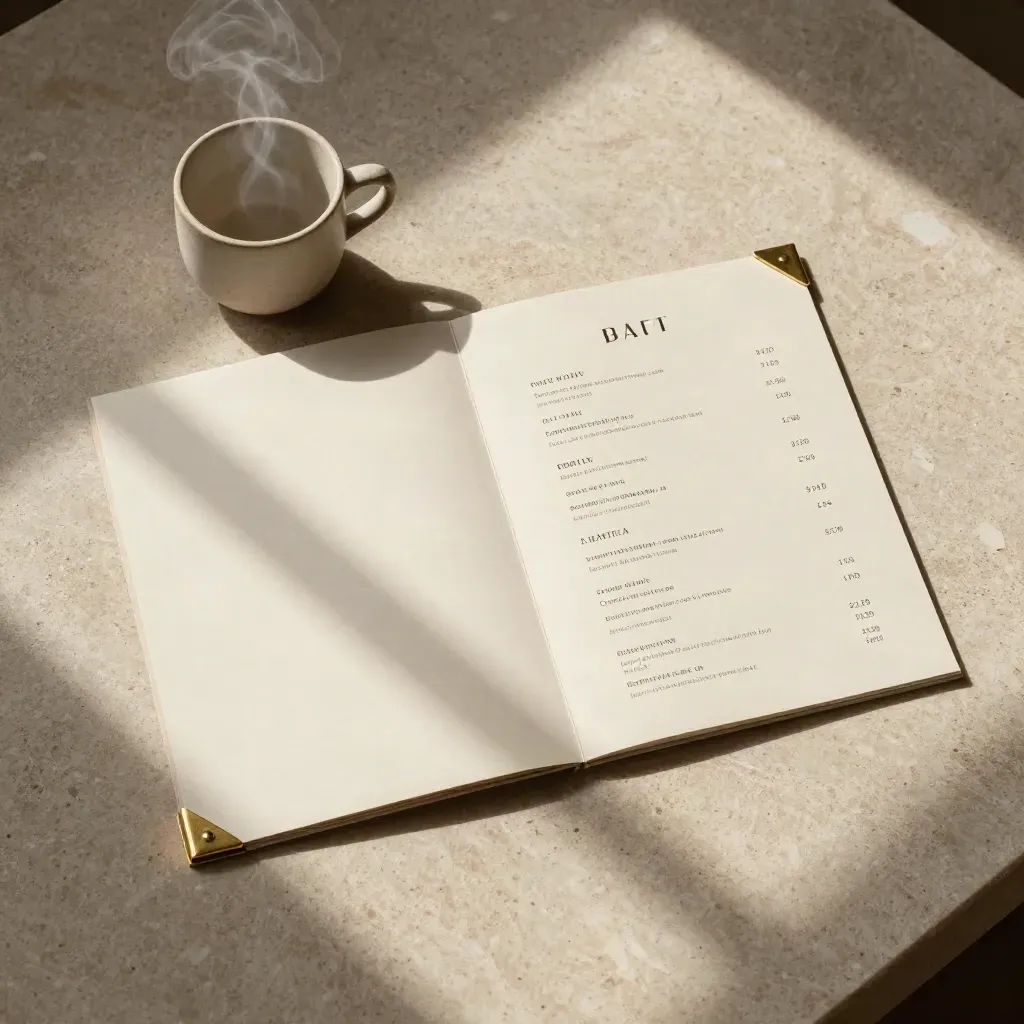 Overhead flatlay of an opened cream cafe menu set with brass corners and a steaming cup.