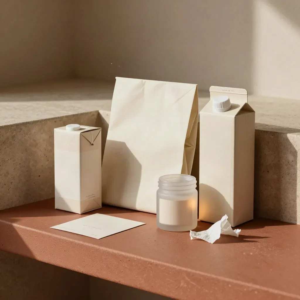 Packaging mockup cluster with blank sleeves, tissue and a small jar on a terracotta surface.