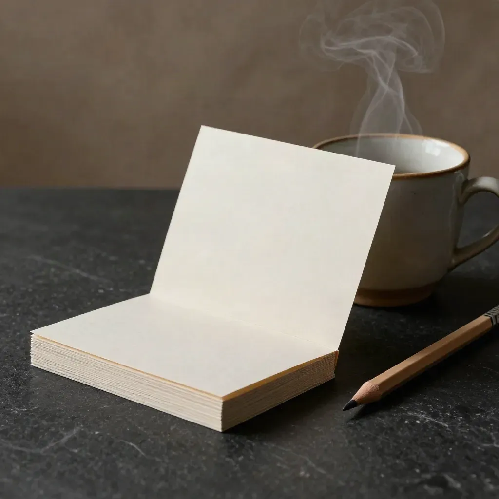 Blank briefing cards, ceramic cup and pencil on a dark surface with steam and rim light.