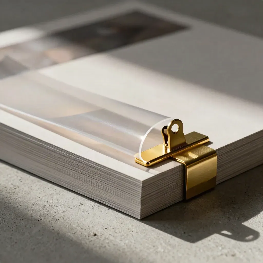 Macro side view of a pitch deck stack with acetate and brushed gold clip on concrete.