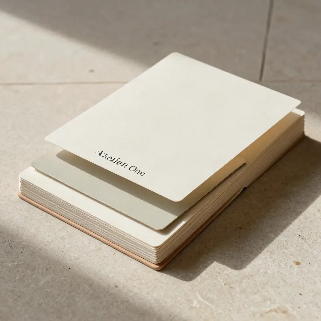 Overhead brand audit bundle on limestone: ivory cards, swatches and folded sample board