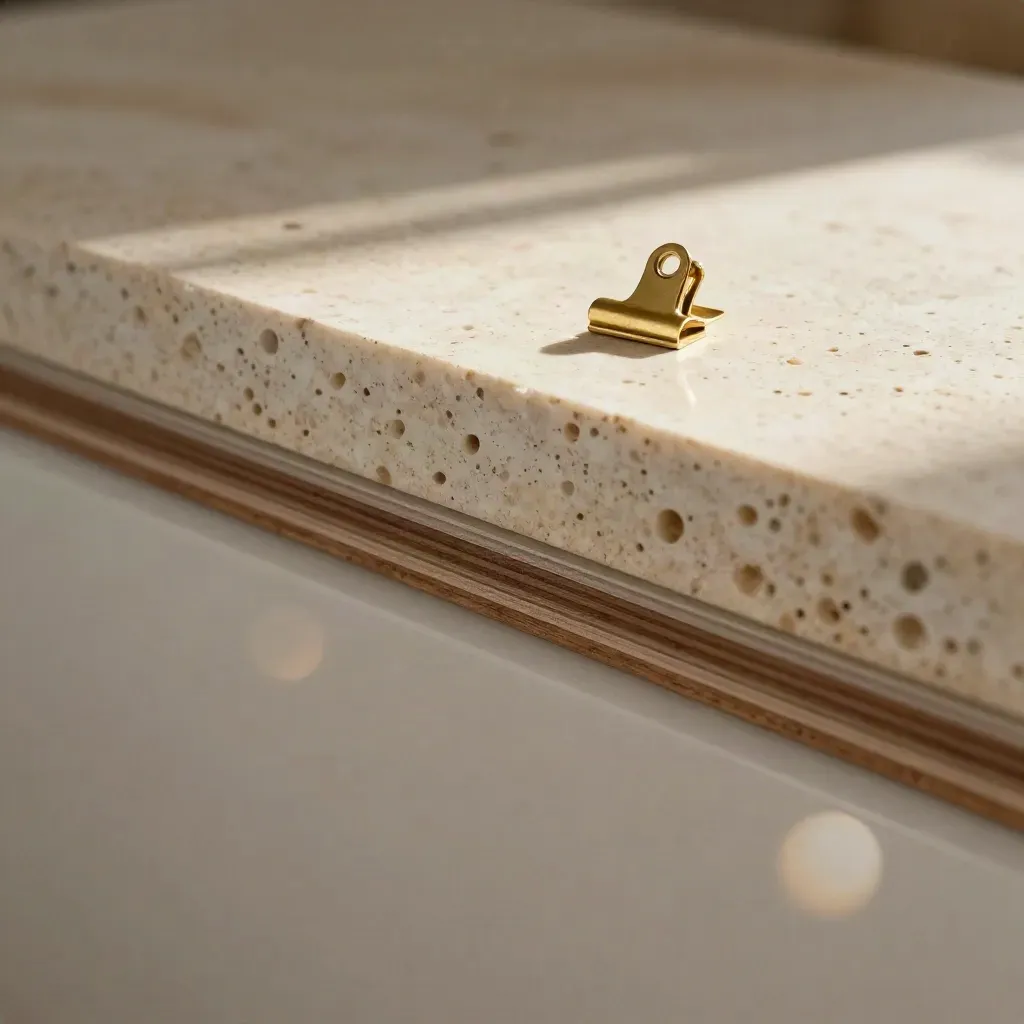 Travertine ledge with stacked boards and a brass clip in warm late-afternoon light