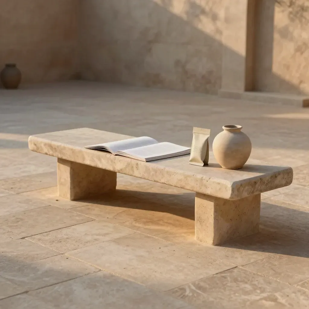 Sunlit limestone courtyard bench with board, ceramic vessel and calm copy space