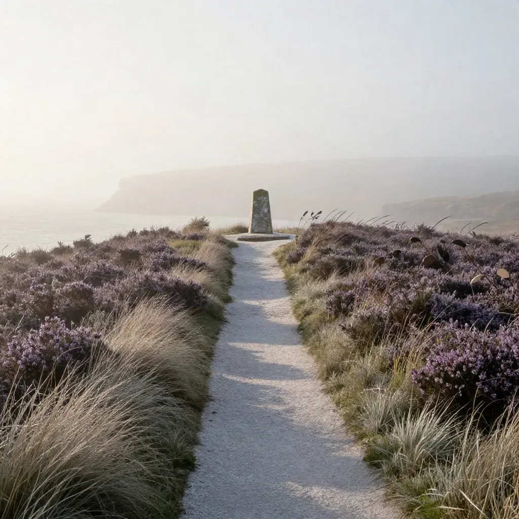 Misty coastal heath with a chalk path and stone plinth above calm copy space at dawn.