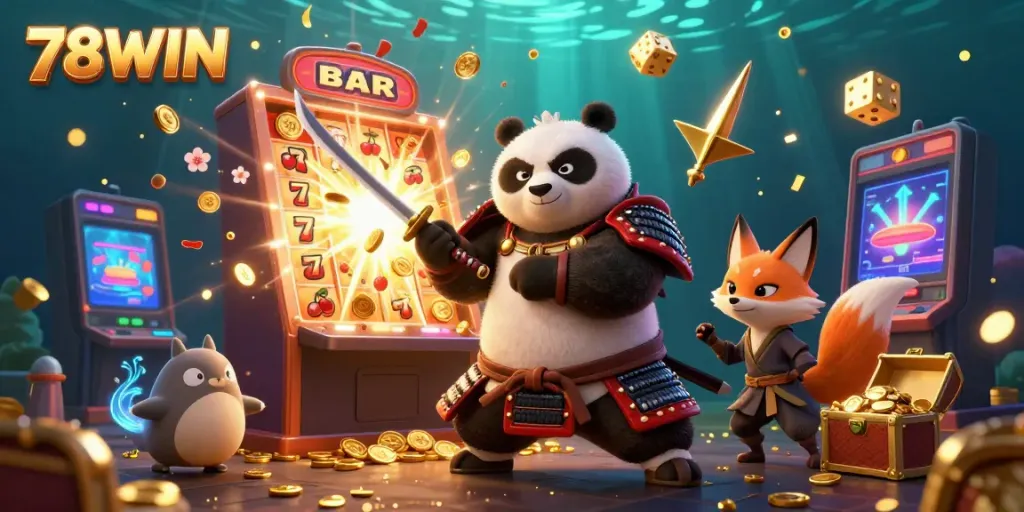 Experience thrilling entertainment at 78WIN with a vibrant and dynamic scene featuring a samurai panda and exciting gaming elements.