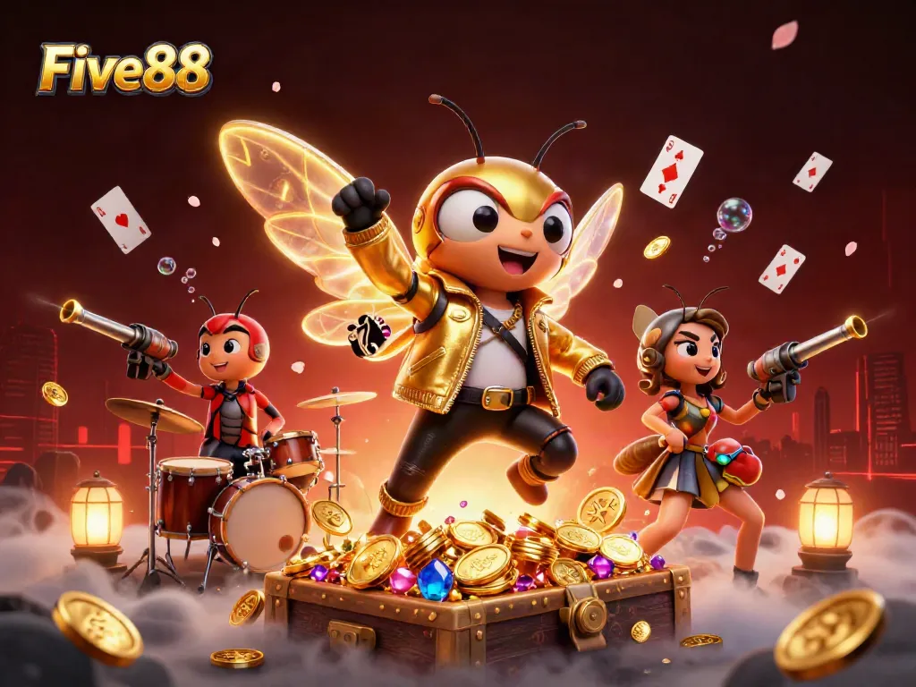 Experience thrilling gaming action at Five88, celebrating wins with colorful casino elements and 3D characters.