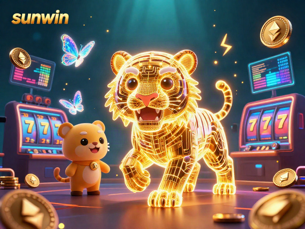 Experience thrilling gameplay at sunwin in a vibrant digital casino with neon tiger and crypto elements.
