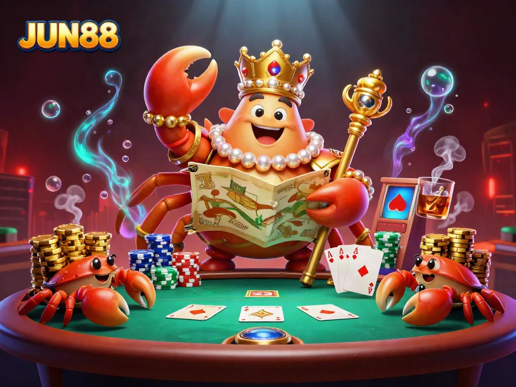 Engage in thrilling gaming at JUN88 with an epic crab emperor overseeing the poker spectacle.