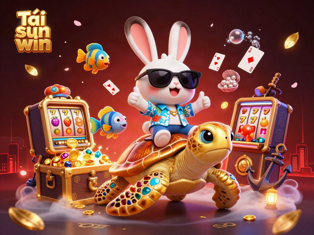 Experience excitement as you tải sun win through a lively scene with a lucky rabbit and golden sea turtle, surrounded by jackpot treasures.