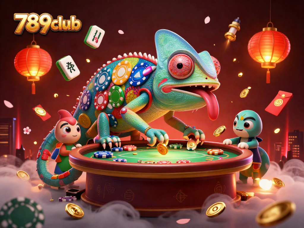 Experience the excitement at 789club with a vibrant chameleon casino owner in an action-packed scene.