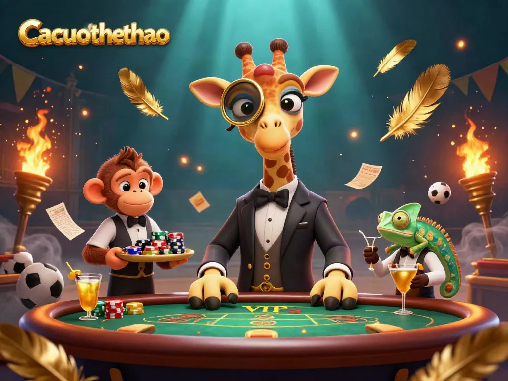 Engage with Cacuocthethao’s vibrant sports betting scene featuring a high-roller giraffe and lively companions.