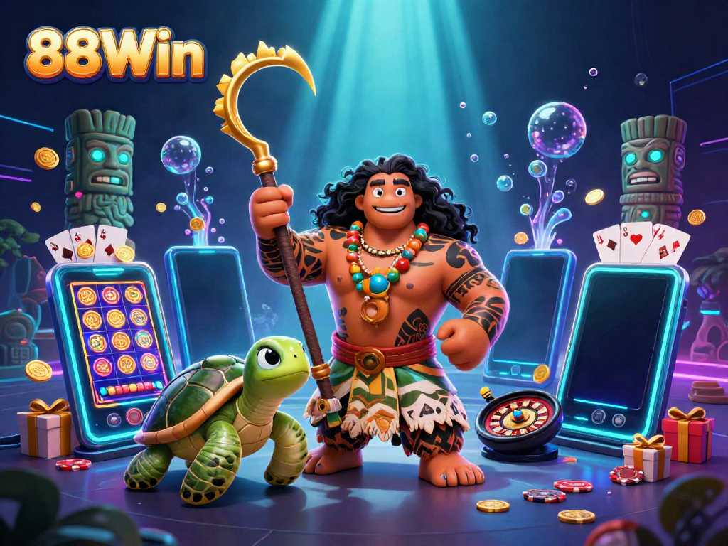 Engage with thrilling slots at 88Win featuring vibrant illustrations of a demigod and treasures.