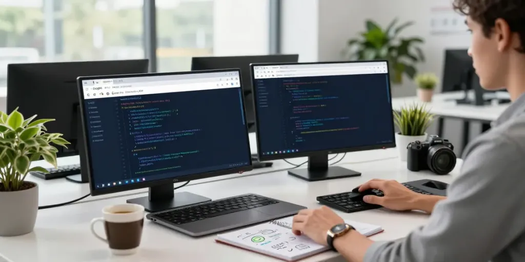 Developer showcasing instant indexing tools in a modern workspace with coding displays.