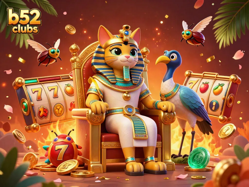 Experience thrilling slots action at b52clubs with vibrant characters and rich casino elements in a dynamic scene.