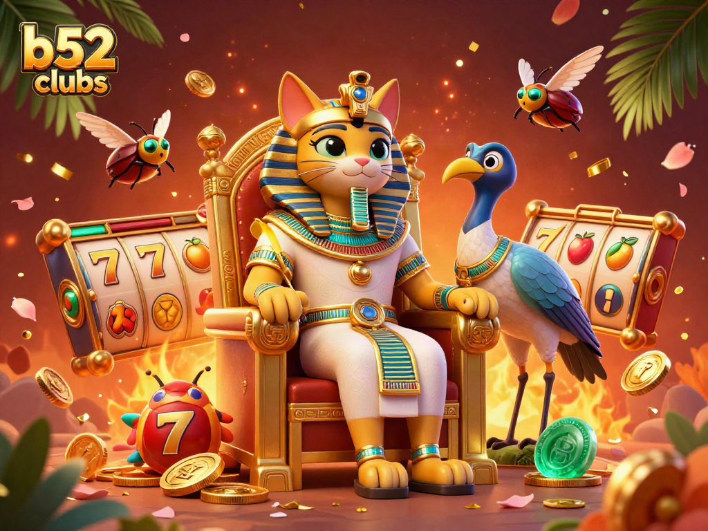 Experience thrilling slots action at b52clubs with vibrant characters and rich casino elements in a dynamic scene.