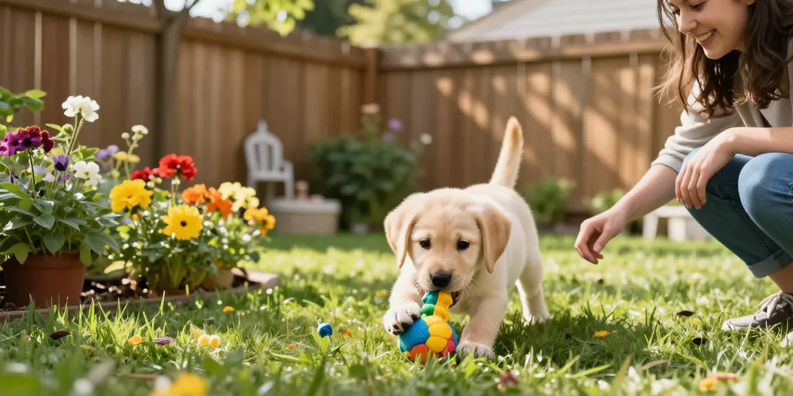 Labradors for sale featured with playful puppy in vibrant backyard with family engagement.