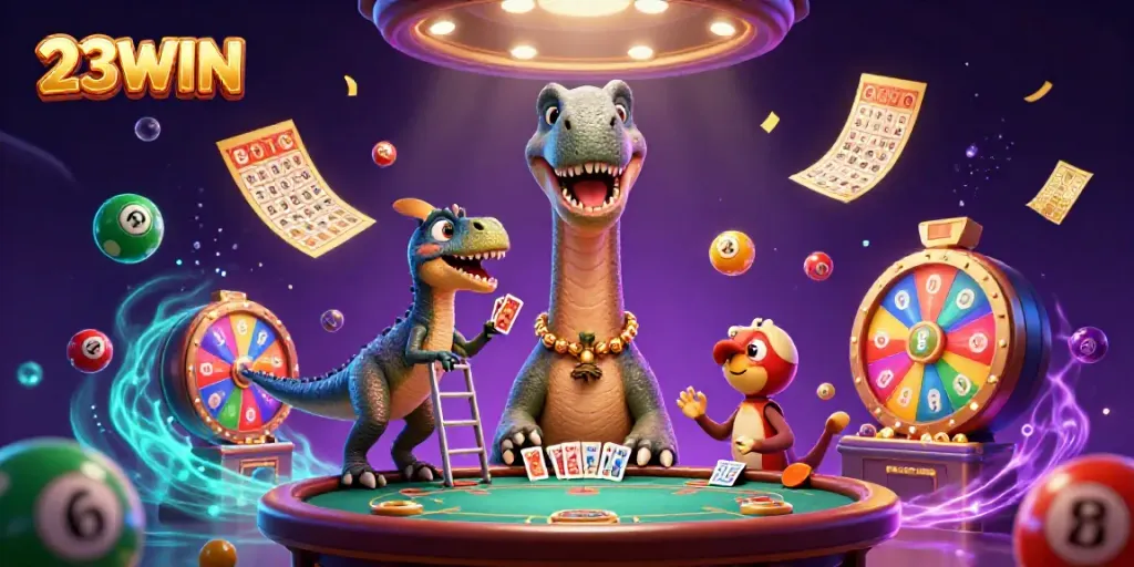 Experience the thrilling world of 23WIN with a dynamic, whimsical casino scene filled with vibrant colors.