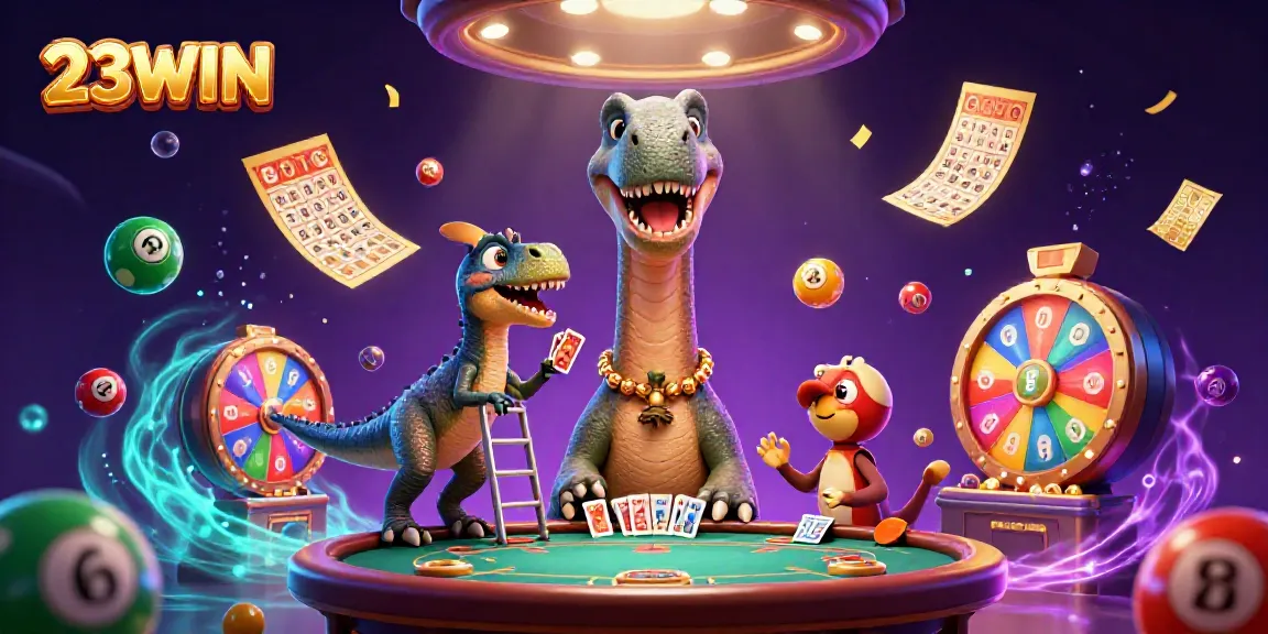 Experience the thrilling world of 23WIN with a dynamic, whimsical casino scene filled with vibrant colors.