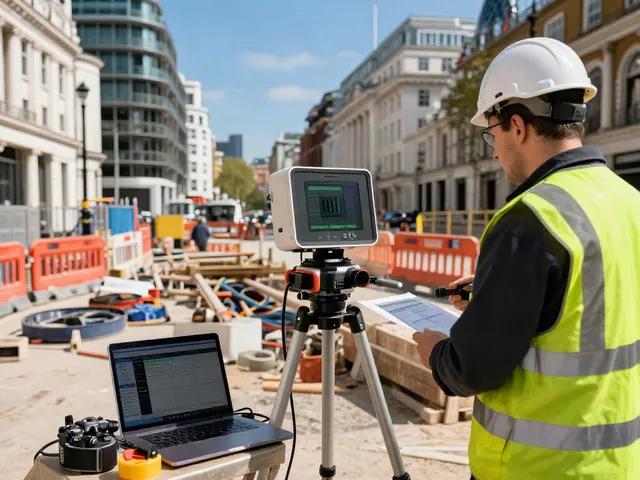 GPR Survey London expert using radar equipment on urban construction site.