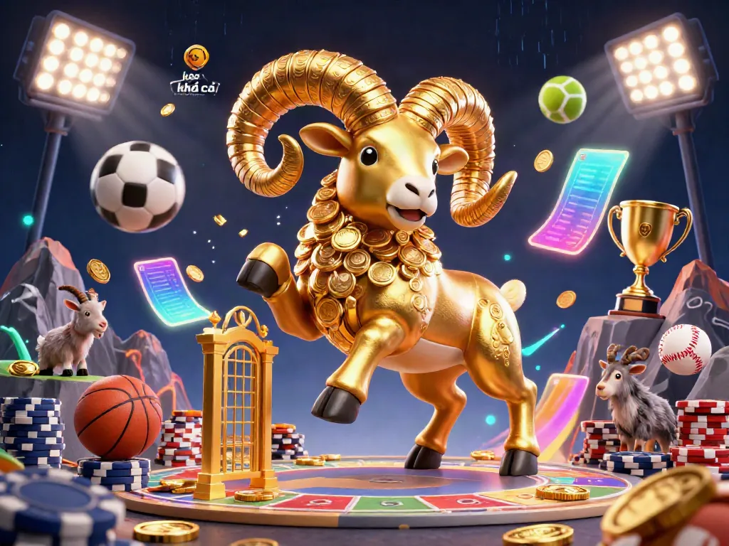Engage with kèo nhà cái through dynamic sports betting featuring a golden ram and flying sports balls.